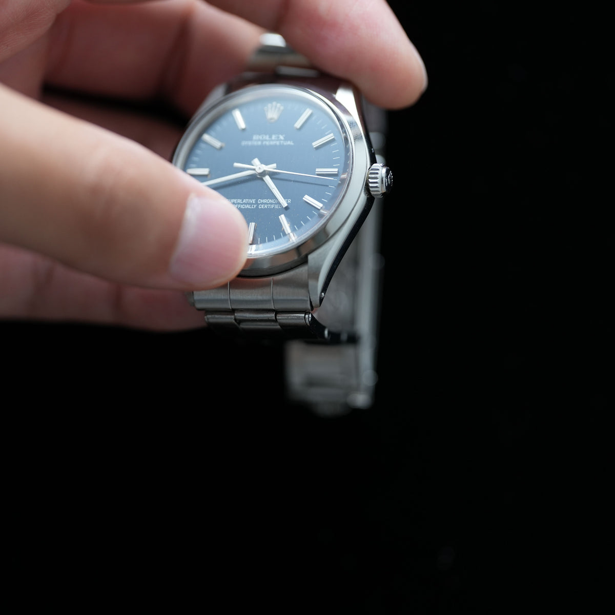 Rolex Oyster Perpetual 34mm Blue Sigma Dial Gold Speck Patina 7205 Riveted Rolex Bracelet