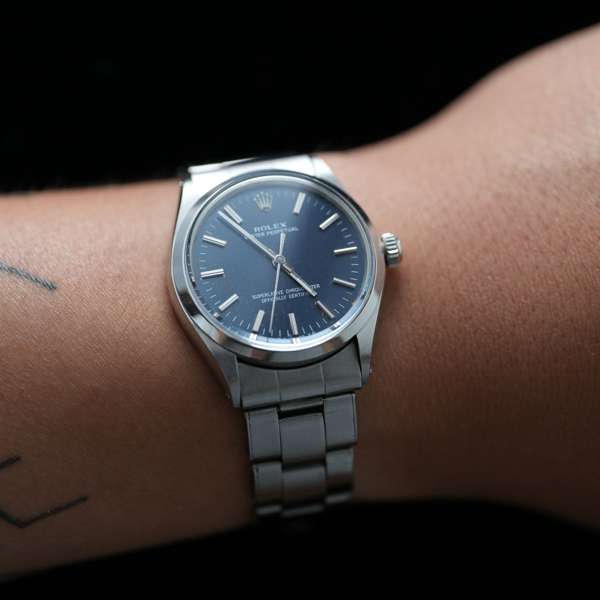 Rolex Oyster Perpetual 34mm Blue Sigma Dial Gold Speck Patina 7205 Riveted Rolex Bracelet