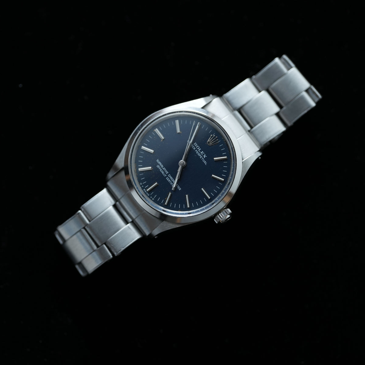 Rolex Oyster Perpetual 34mm Blue Sigma Dial Gold Speck Patina 7205 Riveted Rolex Bracelet