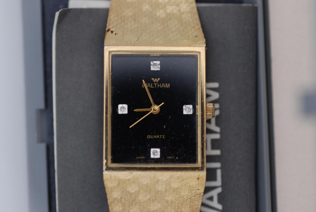 Waltham Black Dial Tank Watch Diamond Indices Snake Skin Pattern Bracelet