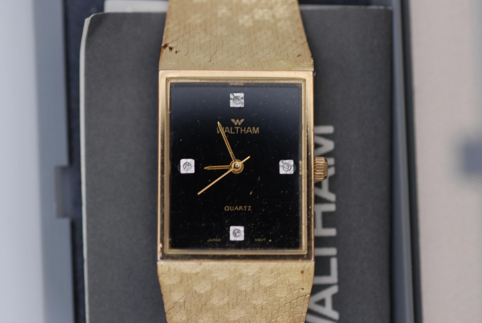 Waltham Black Dial Tank Watch Diamond Indices Snake Skin Pattern Bracelet