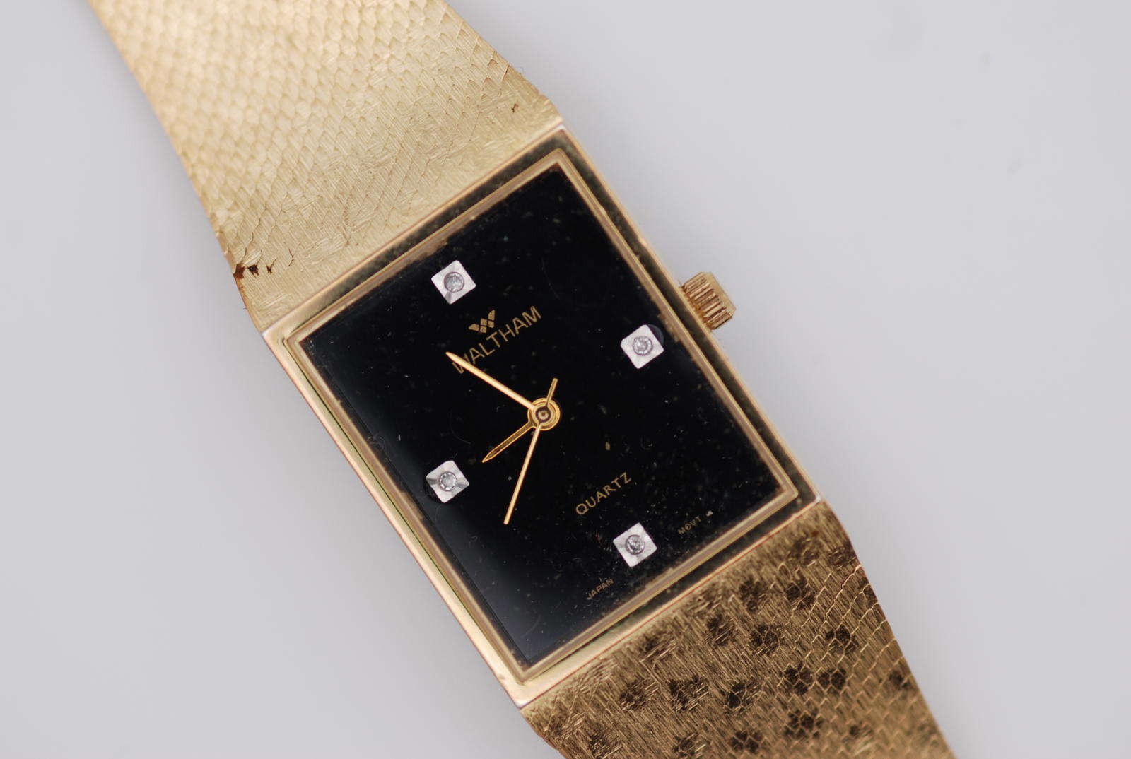 Waltham Black Dial Tank Watch Diamond Indices Snake Skin Pattern Bracelet