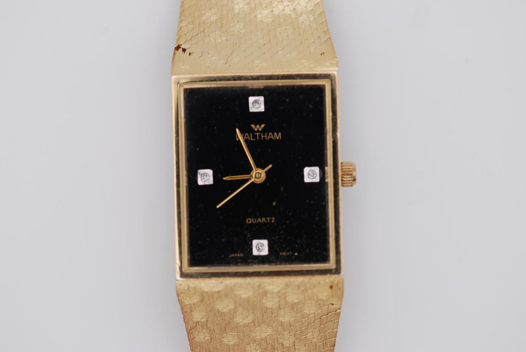 Waltham Black Dial Tank Watch Diamond Indices Snake Skin Pattern Bracelet